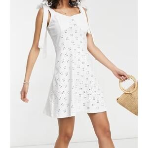 ASOS Women’s Sz 6 Mini Dress White Eyelet Cotton Bow Strap Tall Lacey